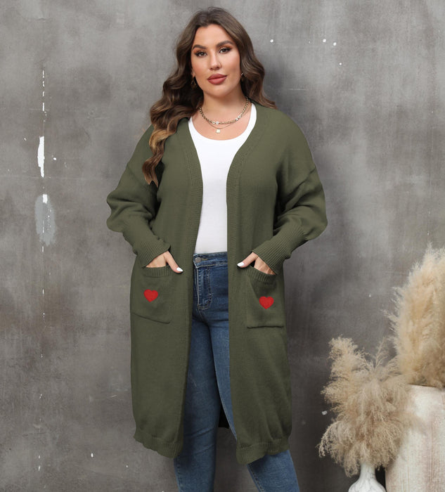 Color-Army Green-Women plus Size Women Clothes Mid Length Woven Sweater Love Double Pocket Lantern Sleeve Sweater Cardigan-Fancey Boutique