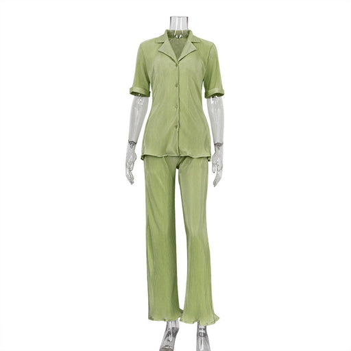 Color-Green-Summer French Office Green Short Sleeve Shirt Casual Pleated High Waist Wide Leg Pants Suit textured-Fancey Boutique