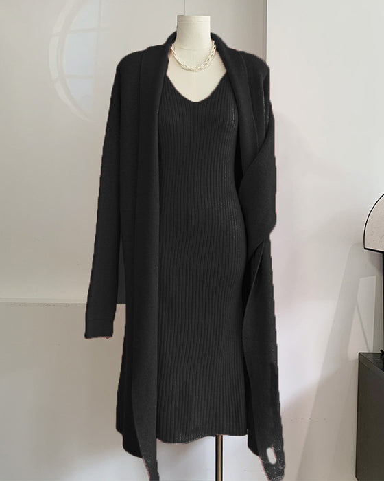 Autumn Winter Knitting Suit Women Elegant Vest Dress Long Cardigan Coat-Black-Fancey Boutique