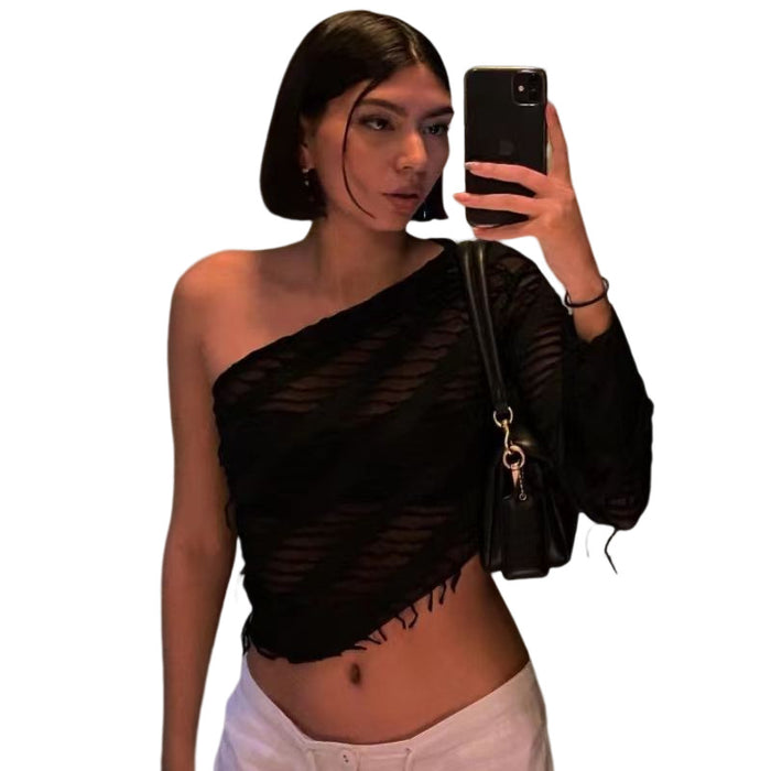 Sexy Oblique Shoulder See Through Knitted Short Top Women Autumn Winter Frayed Long Sleeve Sexy Cropped T Shirt-Black-Fancey Boutique