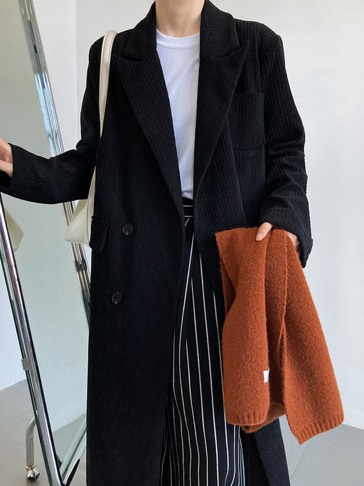 Color-Black-Corduroy Blazer Women Mid Length over the Knee Spring Autumn British High Sense Woolen Coat-Fancey Boutique