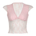 Color-Pink-Fresh Girl Lace Bow Stitching Sexy V neck See through Contrast Color Fit Flying Sleeves T shirt-Fancey Boutique