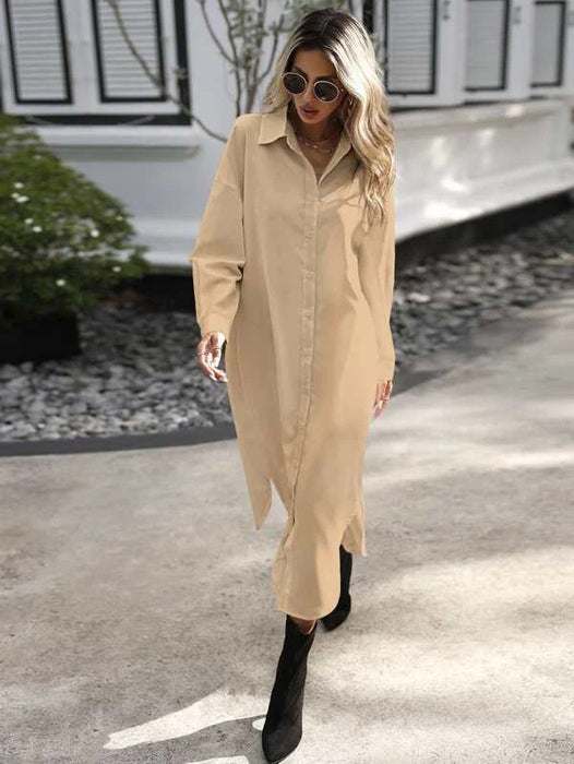 Color-Stand Alone Popular Solid Color Drop Shoulder Curved Hem Shirt Dress Without Belt-Fancey Boutique