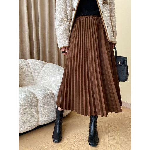 Color-Brown-Fashionable Intellectual Fine Organ Pleated Draping Non Ironing Thickened Pleated Skirt-Fancey Boutique