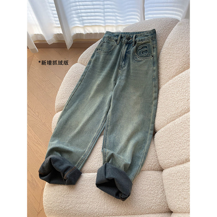 French Fashionable Letters Early Autumn Special Washed Straight Jeans Slim Wide Leg Pants-Blue Fleece Style-Fancey Boutique