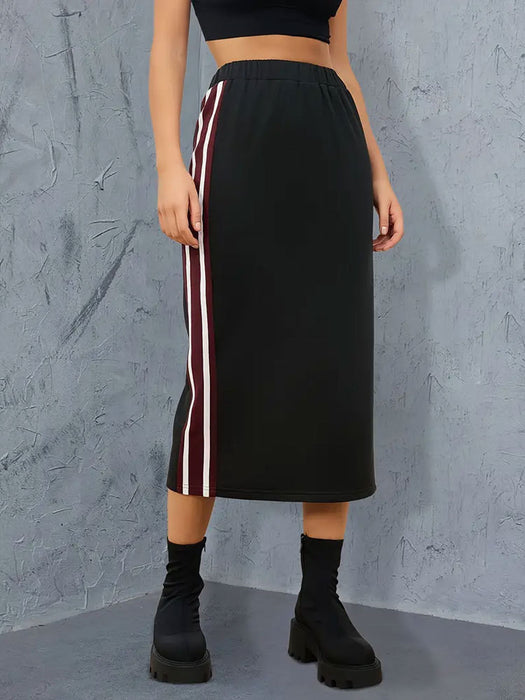 Summer Knitted Contrast Color Braid Stitching Skirt Straight Skirt Office Midi Skirt-Black-Fancey Boutique