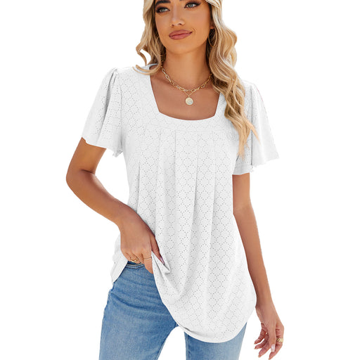 Color-White-Spring Summer Solid Color Square Collar Pleated Short Sleeves Loose Fitting T shirt Top Women-Fancey Boutique