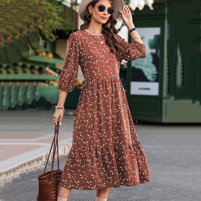 Color-Sweet Floral Spring Three Quarter Sleeve Contrast Color round Neck Midi Dress-Fancey Boutique