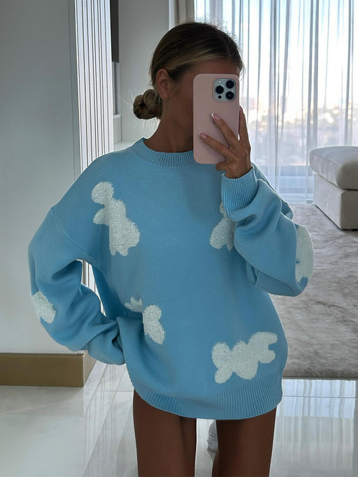 Color-Blue-Love Embroidered Crew Neck Autumn Winter Sweater Women Loose Casual Thickening Top Sweater-Fancey Boutique
