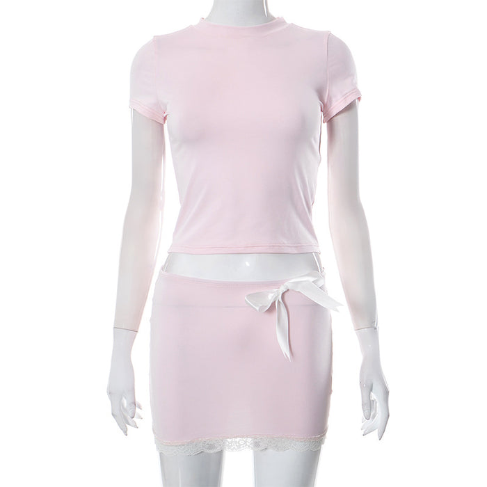 Color-Pink-Summer Round Neck Short Sleeve Top Low Waist Hip Wrapped Short Skirt Casual Suit Women-Fancey Boutique