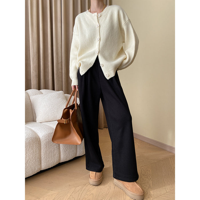 Color-Black-French Laziness Tone Pit Corduroy plus Velvet Thickened Drooping Smooth Feeling Casual Straight Leg Wide Leg Pants-Fancey Boutique