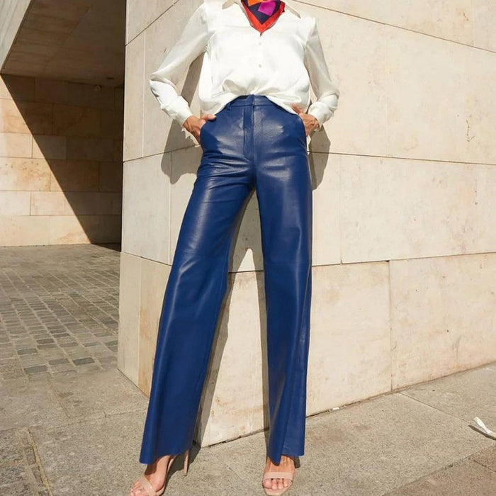 Color-Blue-Women Clothing Spring Faux Leather Mid High Waist Hip Lifting Straight Women Casual Pants Women Pants-Fancey Boutique