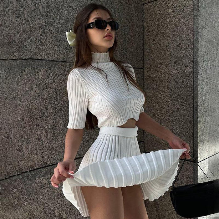 Color-White-Summer Elegant Sexy Slim Fit Sunken Stripe Knitted Skirt Short Sleeve Solid Color Set for Women-Fancey Boutique