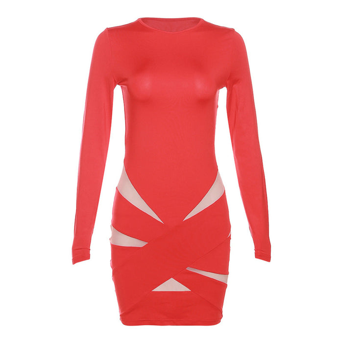 Color-Red-Autumn Winter Women round Neck Long Sleeve Sexy Cutout Mesh Slim Fit Sheath Dress-Fancey Boutique