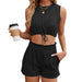 Color-Black-Summer Solid Color round Neck Vest Drawstring Pocket Shorts Set Women-Fancey Boutique