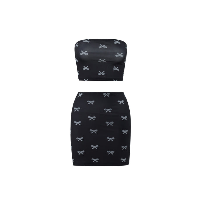 Sexy Sexy Bow Print Cropped Tube Top Short Vest Short Skirt Two Piece Suit-Black-Fancey Boutique