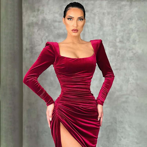 Color-Burgundy-Women Clothing Winter Sexy Square Neck Fold High Waist Tuxedo Dress-Fancey Boutique