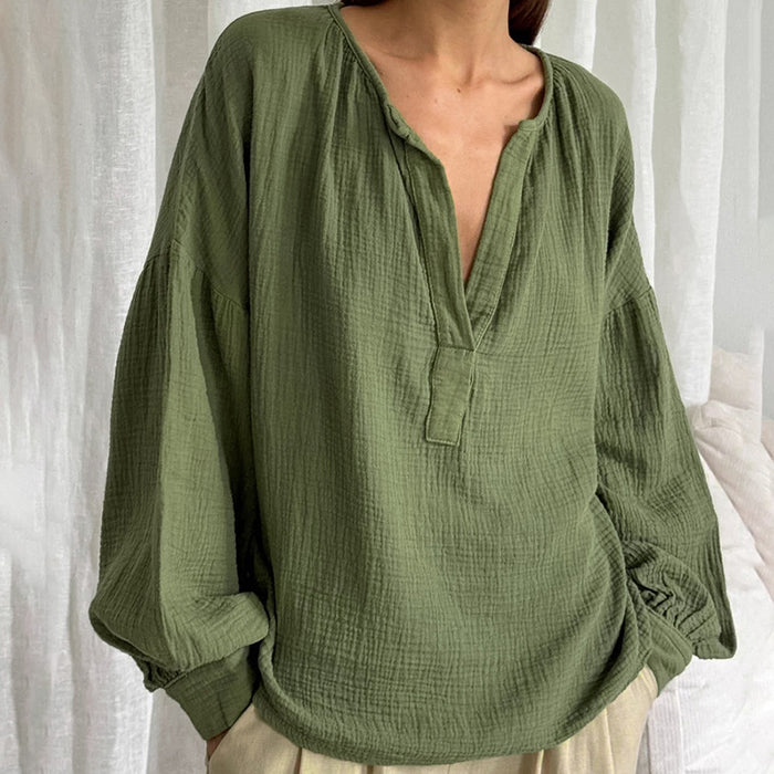 French Bubble Crepe Lantern Sleeve Loose Casual Shirt Autumn Arrival Top Women-Green-Fancey Boutique