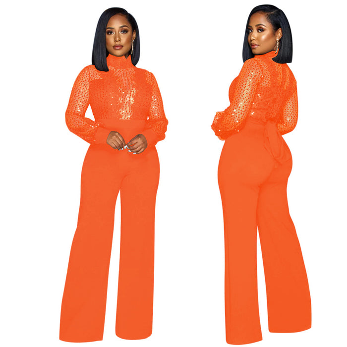 Color-Orange-Party Turtleneck Sequin Lace Sheer Long Sleeve Top Loose Jumpsuit Women-Fancey Boutique