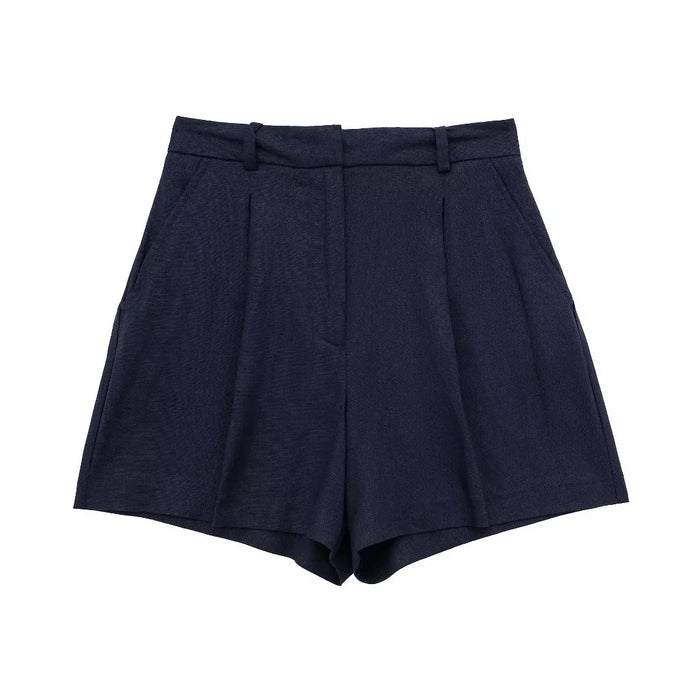 Color-Dark Blue Shorts-Women Linen Blended Vest Casual Shorts Suit-Fancey Boutique