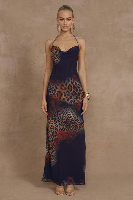 Women Clothing Sexy Backless Shoulder Strap Leopard Print Floral Print Dark Long Sling Dress-Navy Blue-Fancey Boutique