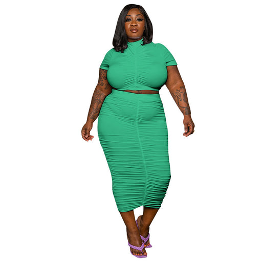 Color-Green-plus Size Summer Women Clothes Solid Color Round Neck Pullover Short Sleeve Two Piece Casual Pleated Skirt Set-Fancey Boutique