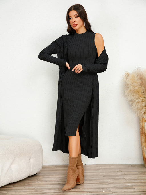 Color-Black-Women Clothing Dress Women Autumn Long Sleeve Long Coat Two Piece Suit-Fancey Boutique