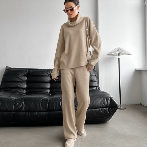 Autumn Casual Street Khaki Knitted Sunken Stripe High Collar High Waist Sports Elastic Band Russia All Match Suit-Fancey Boutique