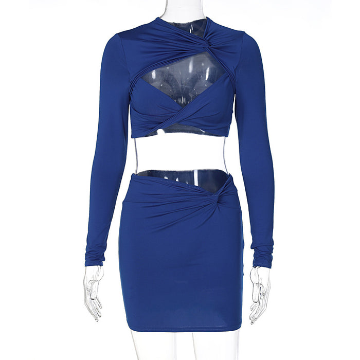 Women Clothing Autumn Sexy Hollow Out Cutout out Long Sleeve Top Slim Skirt Set-Blue-Fancey Boutique