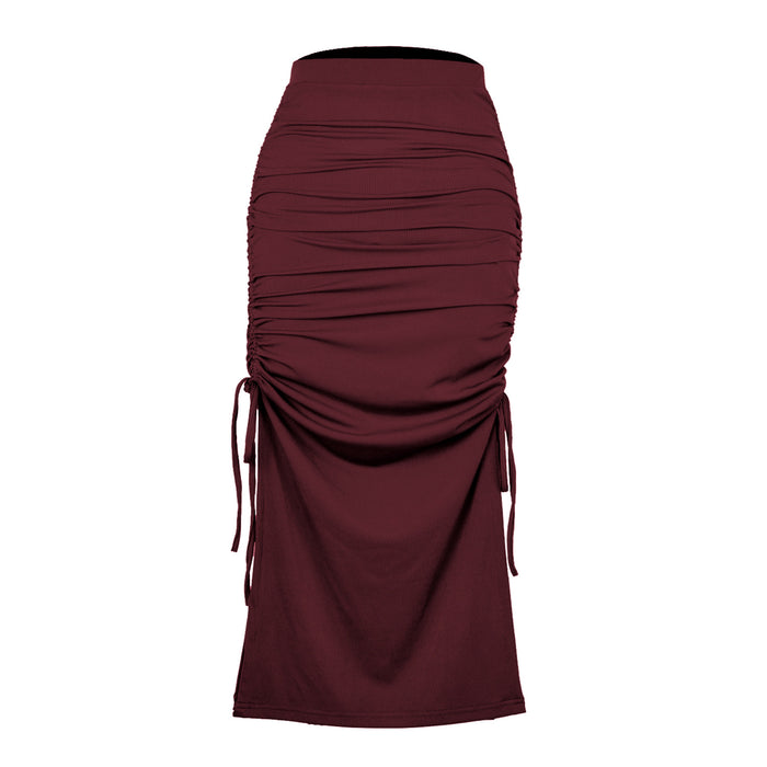 Color-Burgundy-Slit Knitted Slim Skirt Pleated Tie Sexy Sheath Women Clothing Skirt-Fancey Boutique