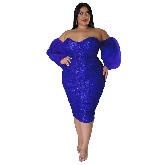 Color-Blue-Plus Size Sexy Sequ Dress Tube Top Mesh Solid Color Evening Dress Tight Sexy Hip-Fancey Boutique