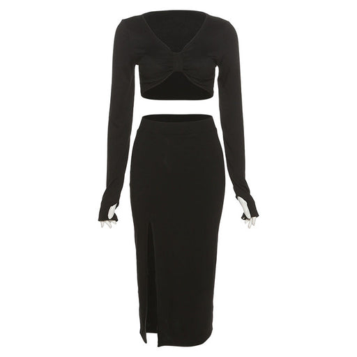 Color-Black-Winter Women Clothing Long Sleeve V neck cropped T shirt Slim Fit Slit Skirt Set Women-Fancey Boutique