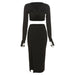 Color-Black-Winter Women Clothing Long Sleeve V neck cropped T shirt Slim Fit Slit Skirt Set Women-Fancey Boutique