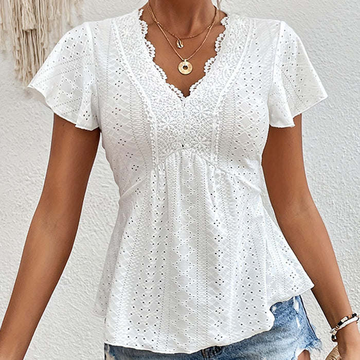 Knitted Jacquard Hollow Out Cutout Lace Trim See Through V Neck Short Sleeved T Shirt Spring Summer Elegant Stretch Long Shirt Women Top-Fancey Boutique