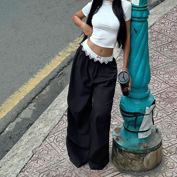 Casual Lace Lace Contrast Color Waist Loose Trousers Street Sexy Trendy Straight Wide Leg Mop Pants Women