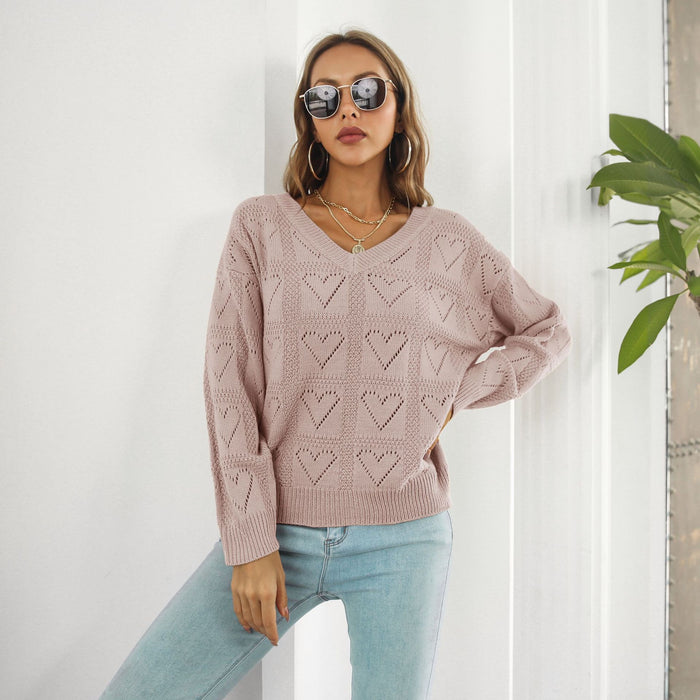 Color-Pink-Hollow Out Cutout out Heart Plaid Sweater Women Loose Autumn Winter Long Sleeved Knitwear Sweater-Fancey Boutique