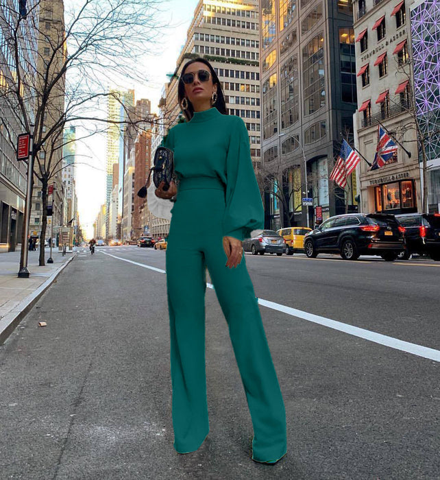 Color-Green-Half Turtleneck Lantern Sleeve Simple Capable Office Lady Jumpsuit-Fancey Boutique