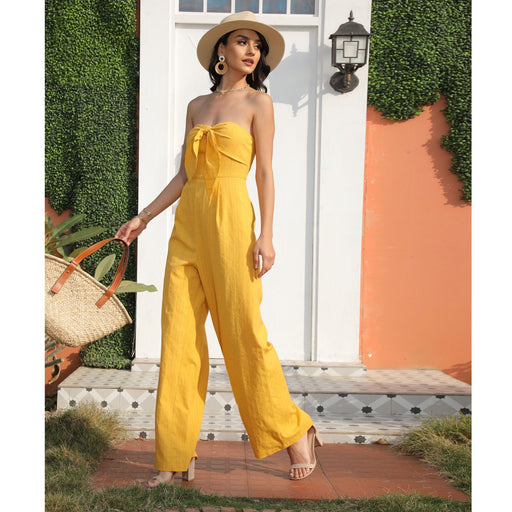 Color-Yellow-Summer Trousers without Belt Straight Yellow Adult Office Pure High Waist Jumpsuit-Fancey Boutique