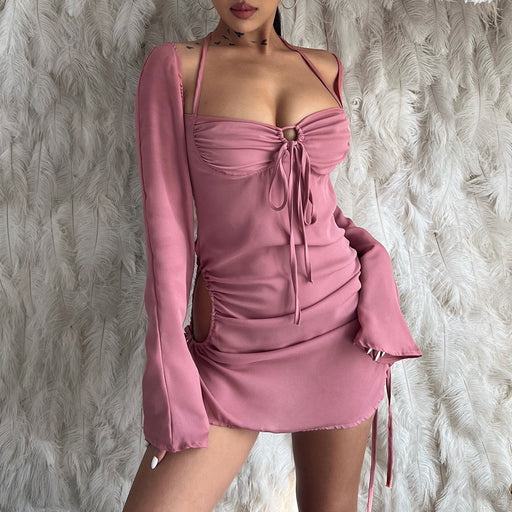 Lace-up Sexy Women Spring Summer New Solid Color Hollow-out Halter Tube Top Dress for Women-Pink-Fancey Boutique