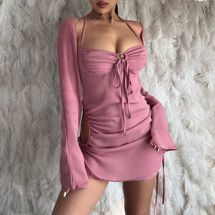 Lace-up Sexy Women Spring Summer New Solid Color Hollow-out Halter Tube Top Dress for Women-Pink-Fancey Boutique