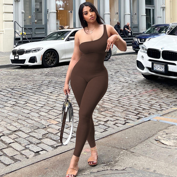 Color-Coffee-Spring Women Clothing Solid Color One Shoulder Slim Fit Hip Raise Sports Fitness Jumpsuit Women-Fancey Boutique