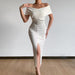Color-White-Spring Summer Elegant Graceful Office Minimalist Young off the Shoulder Belt Dress with Vents-Fancey Boutique