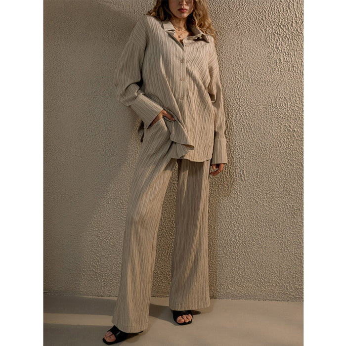 Color-Khaki-Autumn Winter Popular Casual Pleated Shirt-Style Wide-Leg Pants Suit-Fancey Boutique