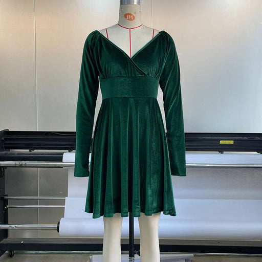 Christmas Dress Autumn Winter Women Clothes V Neck Velvet Sexy Waist Trimming Holiday Dress-Green-Fancey Boutique