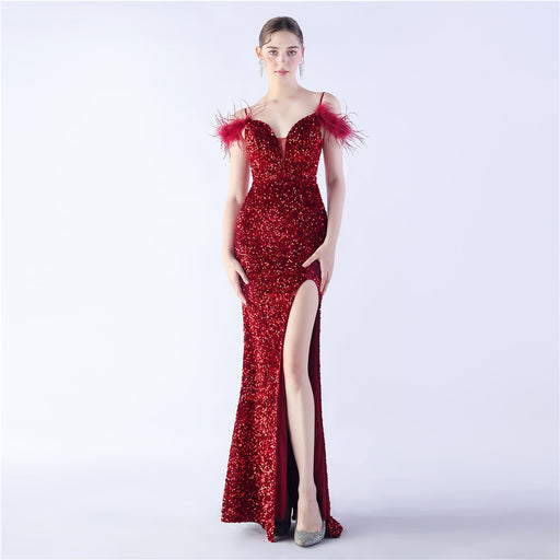 Color-Burgundy-Craft Order Ostrich Feather High Density Sequined Long Evening Dress-Fancey Boutique