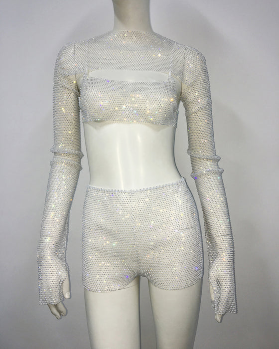 Color-White-Sexy Set Fishnet Rhinestone Suspender Shorts Three Piece Sexy Pants Set-Fancey Boutique