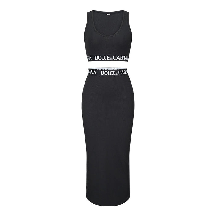 Color-Black-Summer Casual Vest High Waist Sheath Dress Letter Graphic Ribbon Casual Two Piece Set Women-Fancey Boutique