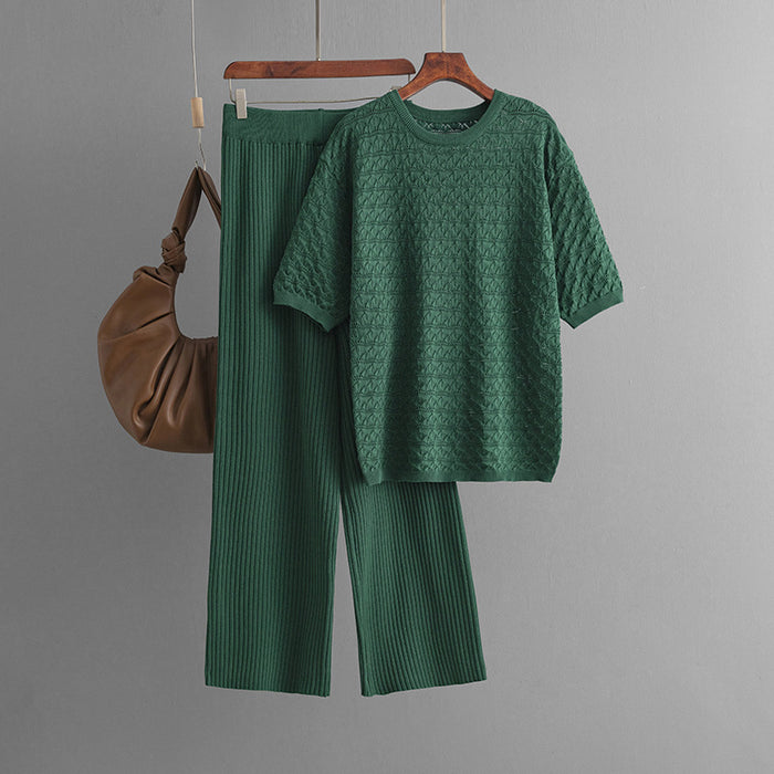 Color-Dark green-Summer Solid Color Hollow Out Cutout out Casual round Neck Short Sleeve Trousers Knitted Two Piece Set-Fancey Boutique