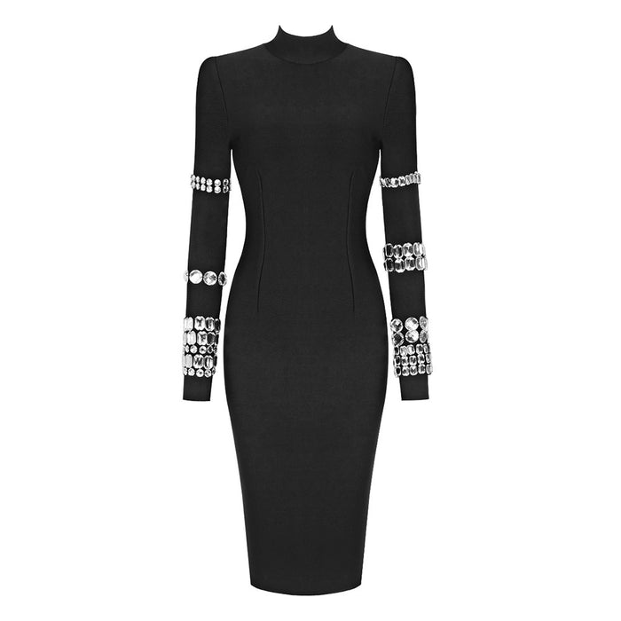 Color-Black-Autumn Winter Heavy Industry Beads Turtleneck Bandage Dress Slim Sheath Long Sleeve Knitted Dress-Fancey Boutique