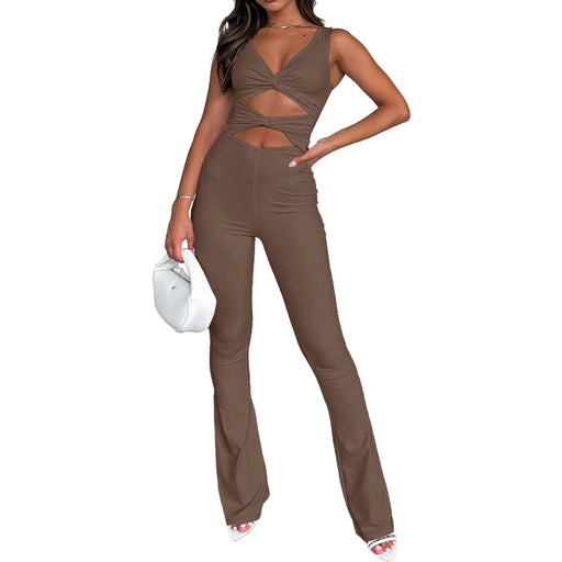 Color-Coffee-Women Clothing Solid Color Slimming Hollow Out Cutout Twist One Piece Bell Bottom Pants Jumpsuits-Fancey Boutique